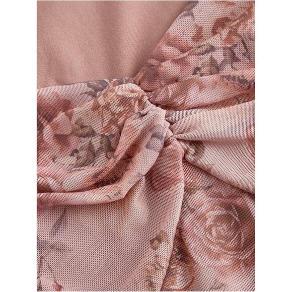 Women's Plus Size Floral Mesh Mini Dress Short Sleeve Ruched A Line - Picture 3 of 4